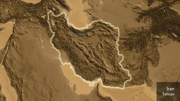 Close Iran Border Area Sepia Elevation Map Capital Point Glow — Stock Photo, Image
