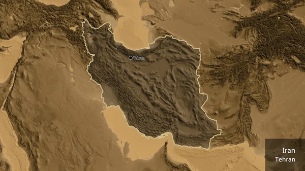 伊朗边境地区的特写镜头 用黑色的阴影覆盖在黑色的高程地图上 资本点 概略地描述一下国家的面貌 国家及其首都的英文名称 — 图库照片