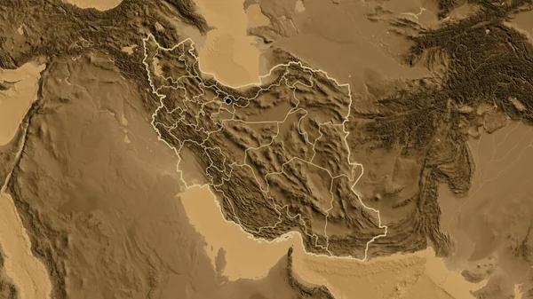 在纵隔带高程地图上对伊朗边境地区及其区域边界进行密切监视 资本点 国家形貌概述 — 图库照片