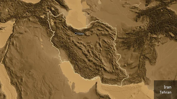 Close Iran Border Area Sepia Elevation Map Capital Point Outline — Stock Photo, Image