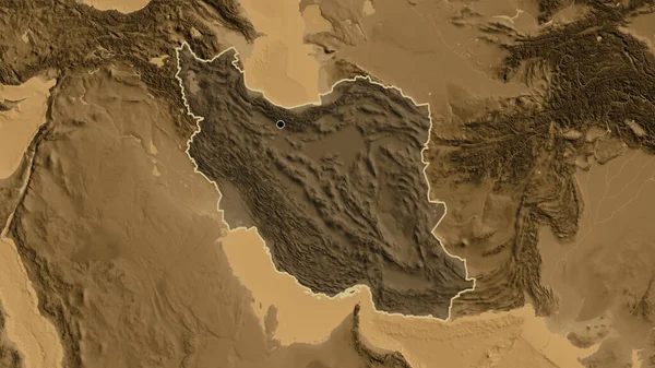 Close Iran Border Area Highlighting Dark Overlay Sepia Elevation Map — Stock Photo, Image