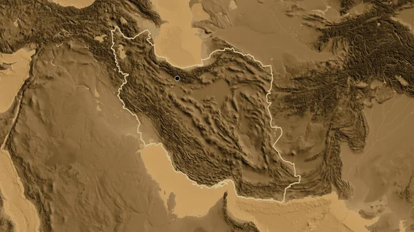 Close Iran Border Area Sepia Elevation Map Capital Point Outline — Stock Photo, Image
