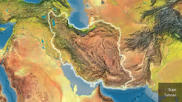 Close Zona Fronteiriça Irão Num Mapa Topográfico Ponto Capital Brilha — Fotografia de Stock