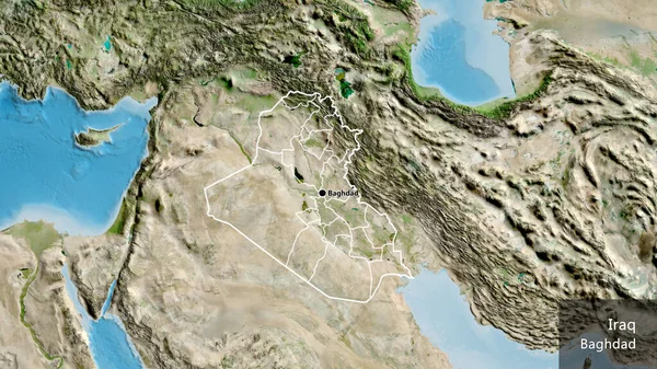 衛星地図上のイラク国境地域とその地域の境界線の閉鎖 資本ポイント 国の形の周りの概要 英名国とその首都 — ストック写真