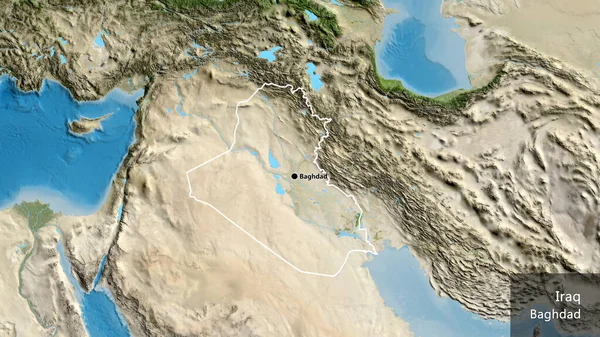 衛星地図上のイラク国境地帯の閉鎖 資本ポイント 国の形の周りの概要 英名国とその首都 — ストック写真
