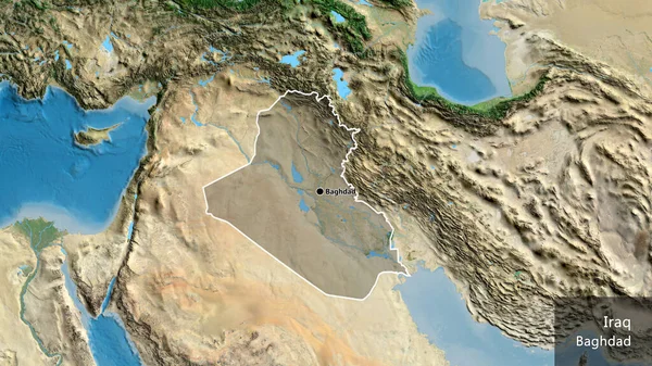 衛星地図上の暗いオーバーレイで強調されているイラク国境地域の閉鎖 資本ポイント 国の形の周りの概要 英名国とその首都 — ストック写真