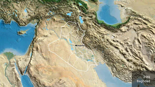 衛星地図上のイラク国境地域とその地域の境界線の閉鎖 資本ポイント 国の形の周りの概要 英名国とその首都 — ストック写真