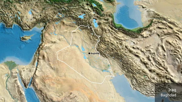 在卫星地图上对伊拉克边境地区进行的密切监视 资本点 概略地描述一下国家的面貌 国家及其首都的英文名称 — 图库照片