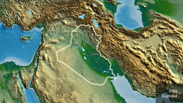 Plano Perto Zona Fronteiriça Iraque Num Mapa Físico Ponto Capital — Fotografia de Stock