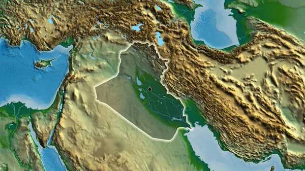 物理的な地図上の暗いオーバーレイで強調されているイラク国境地域のクローズアップ 資本ポイント 全国に光る — ストック写真