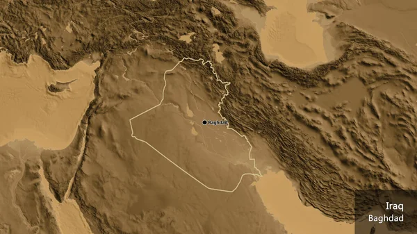 Primer Plano Zona Fronteriza Irak Mapa Elevación Sepia Punto Capital — Foto de Stock