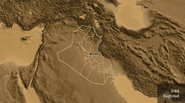 Close Zona Fronteiriça Iraque Suas Fronteiras Regionais Mapa Elevação Sépia — Fotografia de Stock