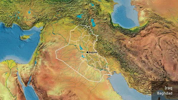 Close-up of the Iraq border area and its regional borders on a topographic map. Capital point. Outline around the country shape. English name of the country and its capital