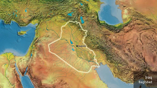 Close-up of the Iraq border area on a topographic map. Capital point. Glow around the country shape. English name of the country and its capital