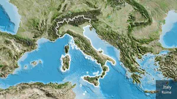 衛星地図上のイタリア国境地域の閉鎖 資本ポイント 国の形の周りに光る 英名国とその首都 — ストック写真