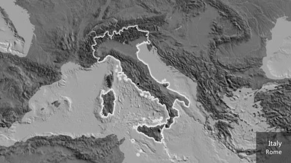 Närbild Italiens Gränsområde Tvåvåningskarta Huvudpunkt Glow Runt Landet Form Landets — Stockfoto