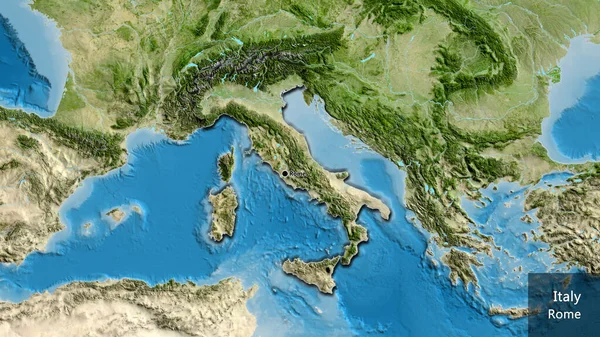 卫星地图上意大利边境地区的特写 资本点 这个国家的边缘呈斜角状 国家及其首都的英文名称 — 图库照片