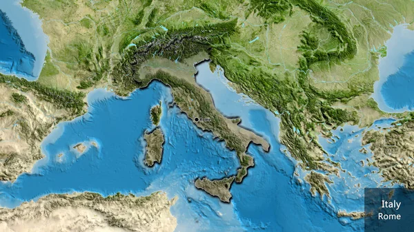 衛星地図上の暗いオーバーレイで強調イタリア国境地域のクローズアップ 資本ポイント 国の形の縁が隠されています 英名国とその首都 — ストック写真