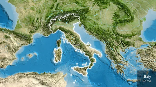 卫星地图上意大利边境地区的特写 资本点 风靡全国各地 国家及其首都的英文名称 — 图库照片
