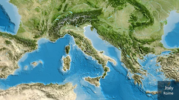 衛星地図上のイタリア国境地域とその地域の境界線の閉鎖 資本ポイント 国の形の周りの概要 英名国とその首都 — ストック写真