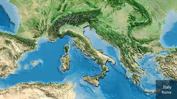 卫星地图上意大利边境地区的特写 资本点 这个国家的边缘呈斜角状 国家及其首都的英文名称 — 图库照片