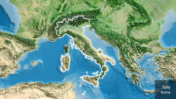 Close Área Fronteiriça Itália Mapa Satélite Ponto Capital Brilha Volta — Fotografia de Stock