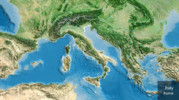 卫星地图上意大利边境地区的特写 资本点 概略地描述一下国家的面貌 国家及其首都的英文名称 — 图库照片