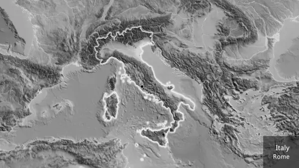 Närbild Italiens Gränsområde Grå Karta Huvudpunkt Glow Runt Landet Form — Stockfoto