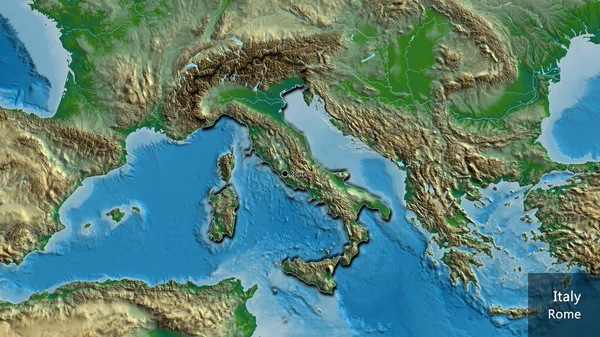 物理的な地図上のイタリア国境地域の閉鎖 資本ポイント 国の形の縁が隠されています 英名国とその首都 — ストック写真