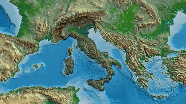 Close Italy Border Area Highlighting Dark Overlay Physical Map Capital — Stock Photo, Image