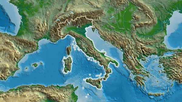 Zbliżenie Włoskiej Strefy Przygranicznej Fizycznej Mapie Główny Punkt Blask Wokół — Zdjęcie stockowe
