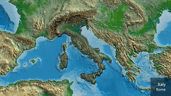 意大利边境地区的特写镜头 用一张地形图上的黑暗阴影突出显示出来 资本点 这个国家的边缘呈斜角状 国家及其首都的英文名称 — 图库照片