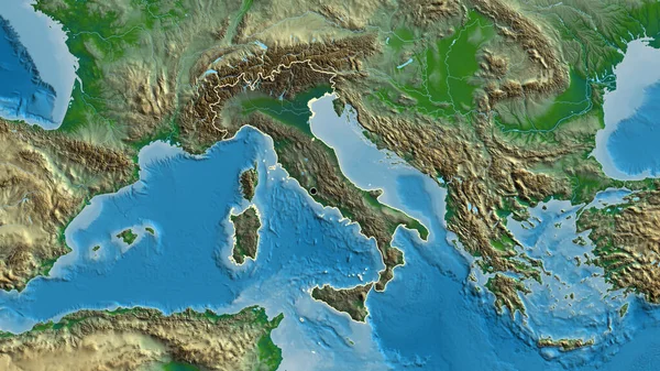 Close Italy Border Area Highlighting Dark Overlay Physical Map Capital — Stock Photo, Image