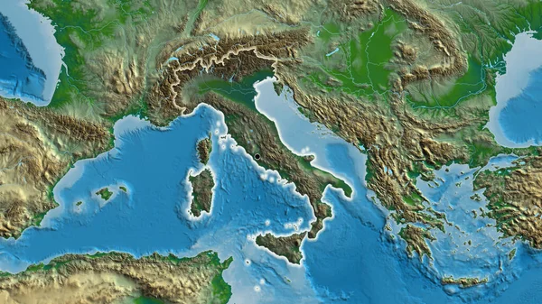 物理的な地図上の暗いオーバーレイで強調イタリア国境地域のクローズアップ 資本ポイント 全国に光る — ストック写真