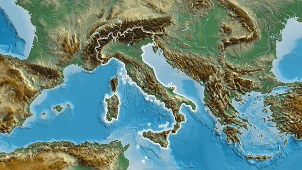 在一张救济地图上对意大利边境地区进行了密切监视 资本点 风靡全国 — 图库照片