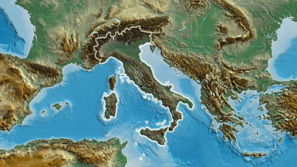 Närbild Italiens Gränsområde Med Ett Mörkt Överdrag Reliefkarta Huvudpunkt Glow — Stockfoto