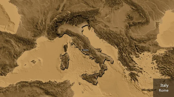Närbild Italiens Gränsområde Karta Över Sepiahöjder Huvudpunkt Skalade Kanter Landet — Stockfoto
