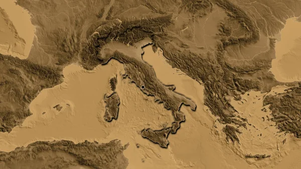 Närbild Italiens Gränsområde Karta Över Sepiahöjder Huvudpunkt Skalade Kanter Lantformen — Stockfoto