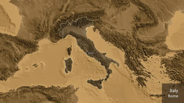 Närbild Italiens Gränsområde Med Ett Mörkt Överdrag Sepiahöjdskarta Huvudpunkt Runt — Stockfoto
