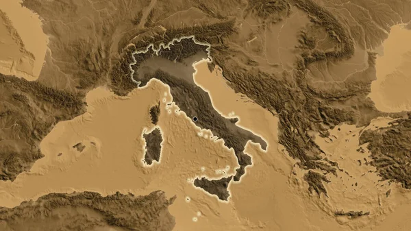 Närbild Italiens Gränsområde Med Ett Mörkt Överdrag Sepiahöjdskarta Huvudpunkt Glow — Stockfoto