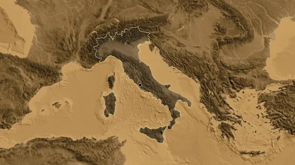 Närbild Italiens Gränsområde Med Ett Mörkt Överdrag Sepiahöjdskarta Huvudpunkt Skissera — Stockfoto