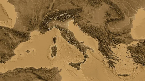 Close Italy Border Area Its Regional Borders Sepia Elevation Map — Stock Photo, Image