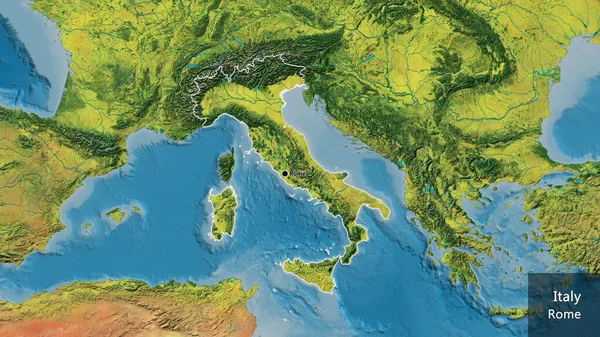 地形図上のイタリア国境地帯の閉鎖 資本ポイント 国の形の周りの概要 英名国とその首都 — ストック写真