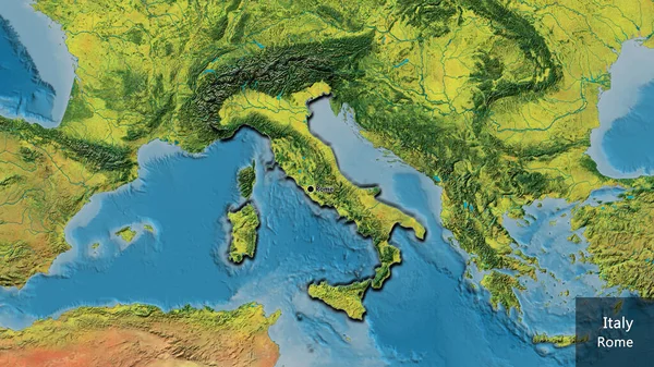 地形図上のイタリア国境地帯の閉鎖 資本ポイント 国の形の縁が隠されています 英名国とその首都 — ストック写真