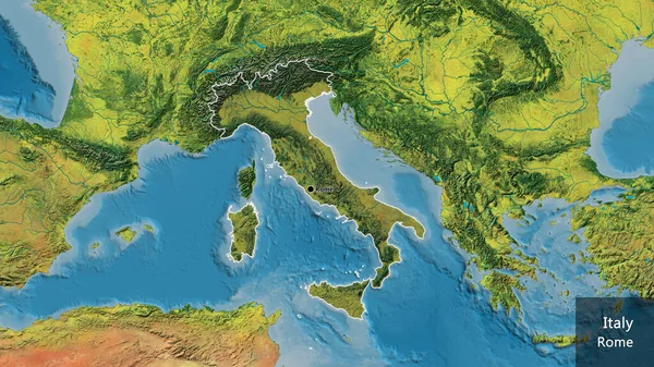 地形図上の暗いオーバーレイで強調イタリア国境地域のクローズアップ 資本ポイント 国の形の周りの概要 英名国とその首都 — ストック写真