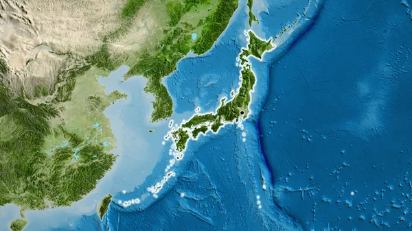 衛星地図上の日本国境付近のクローズアップ 資本ポイント 全国に光る — ストック写真
