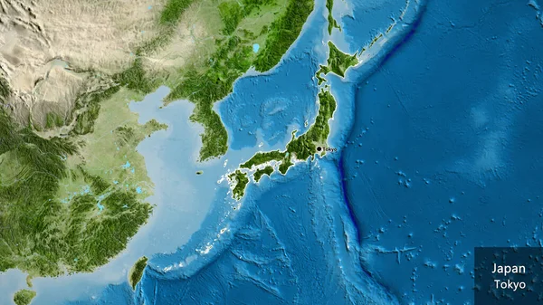 衛星地図上の日本国境付近のクローズアップ 資本ポイント 国の形の周りの概要 英名国とその首都 — ストック写真