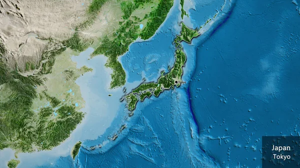 衛星地図上の日本国境付近のクローズアップ 資本ポイント 国の形の縁が隠されています 英名国とその首都 — ストック写真