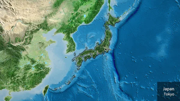 衛星地図上の暗いオーバーレイで強調日本の国境地域のクローズアップ 資本ポイント 国の形の縁が隠されています 英名国とその首都 — ストック写真