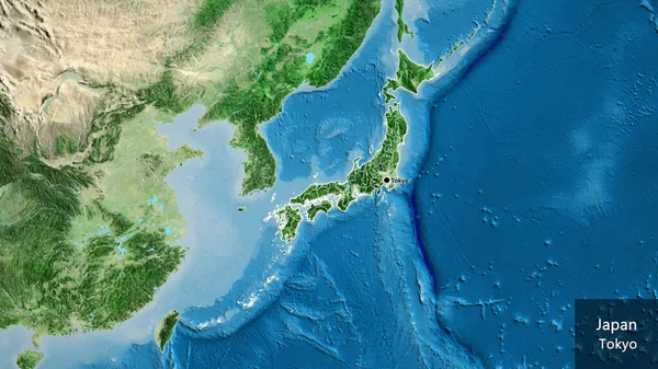 衛星地図上で日本の国境地域とその地域の境界線のクローズアップ 資本ポイント 国の形の周りの概要 英名国とその首都 — ストック写真